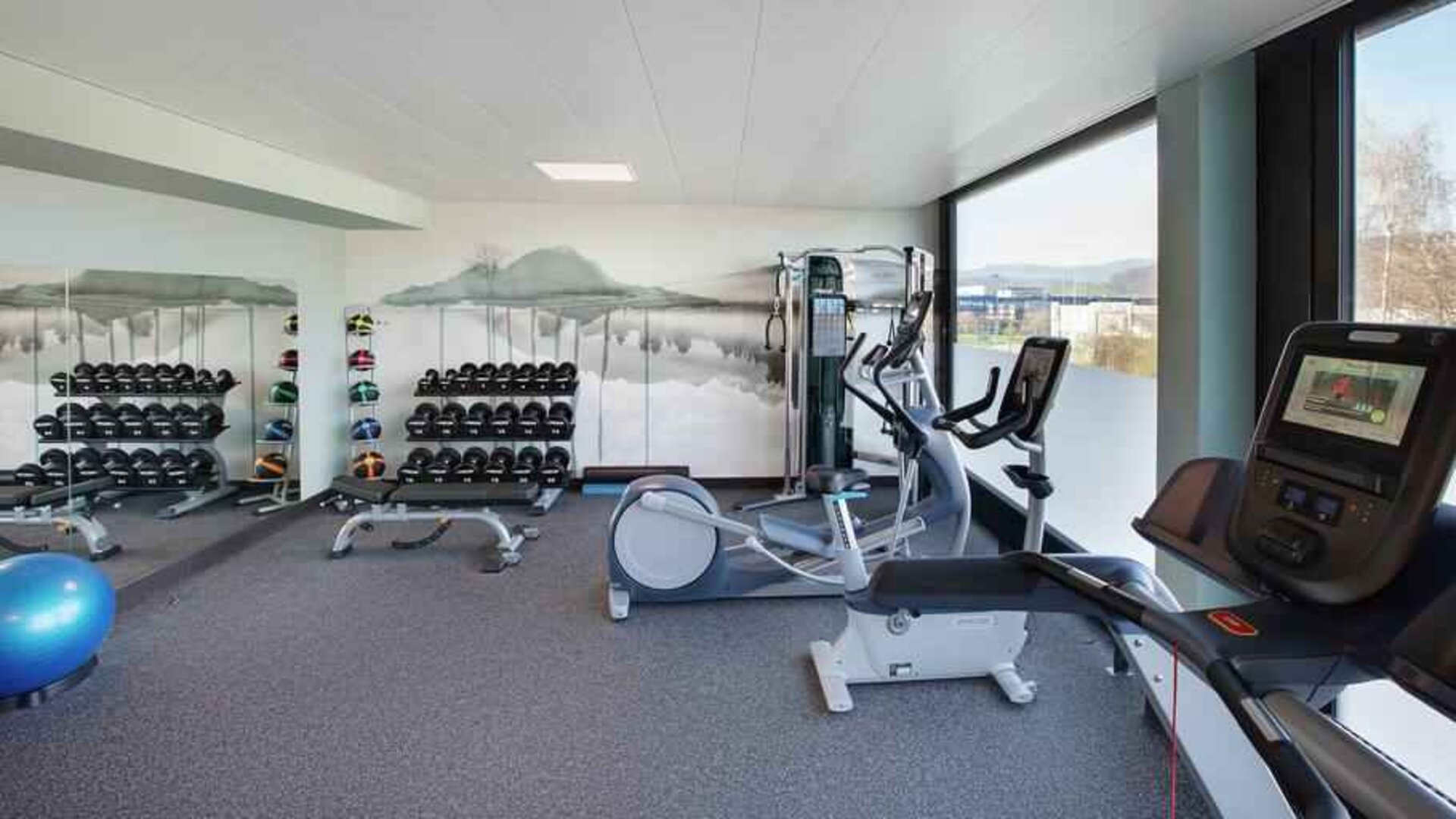 Fitness center with weights and machines at the Hilton Garden Inn Zurich Limmattal.