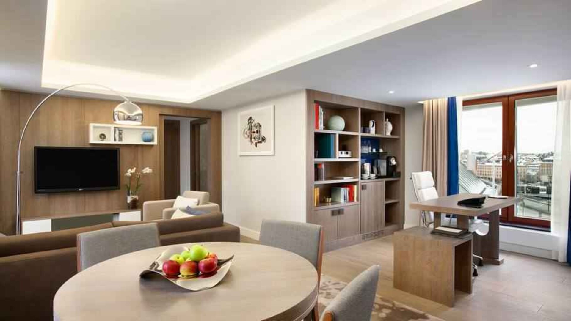 Living room perfect as workspace at the Hilton Stockholm Slussen.