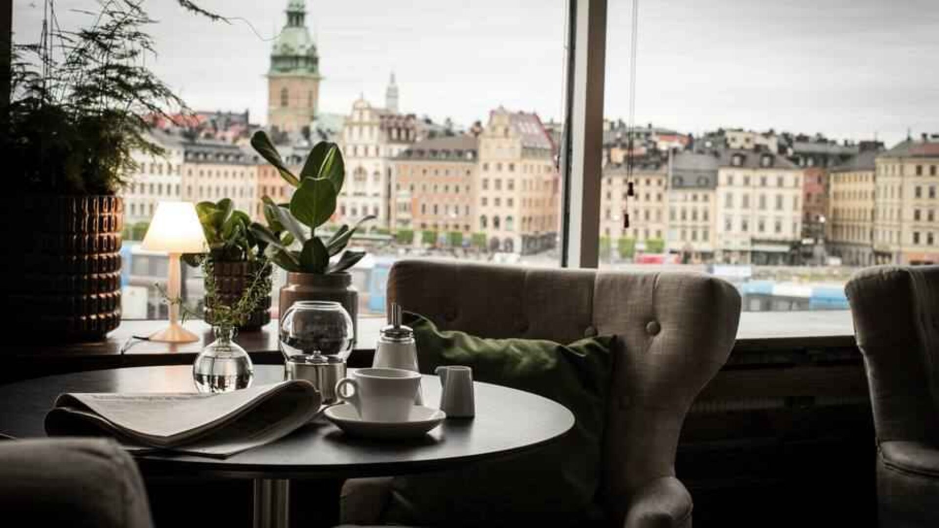Working station overlooking the city at the Hilton Stockholm Slussen.