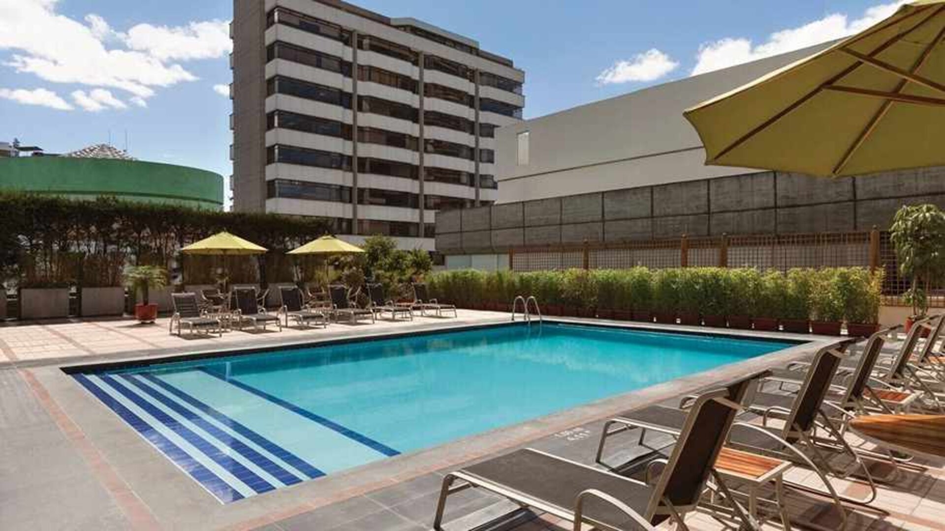 stunning outdoor pool with sunbeds and umbrellas at Hilton Colon Quito.