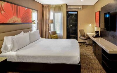 delux king room with TV, desk, and chair at Hilton Garden Inn Guatemala City.