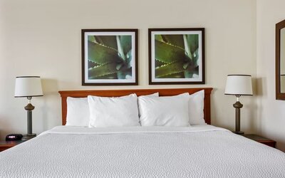 King guest room featuring a plush bed, bedside lighting, and nature-inspired artwork, creating a welcoming and restful atmosphere for a comfortable stay.
