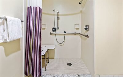 Accessible roll-in shower equipped with grab bars, a handheld showerhead, and a built-in shower seat, designed to provide safety, comfort, and convenience for all guests.