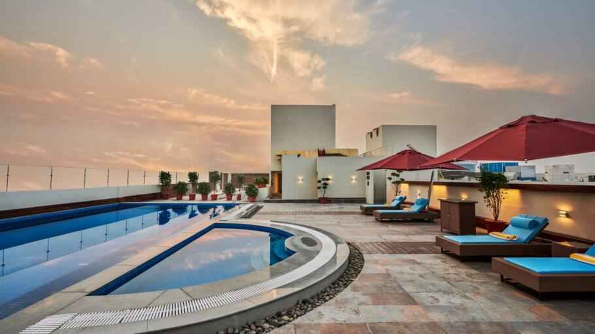 Beautiful rooftop with pool at the Hilton Garden Inn Lucknow.
