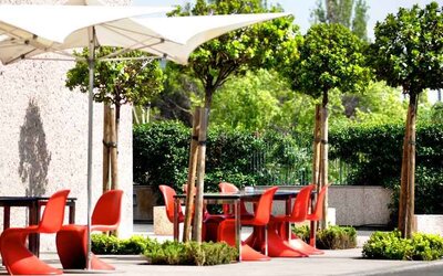 Outdoor patio perfect as workspace at the Hilton Madrid Airport.