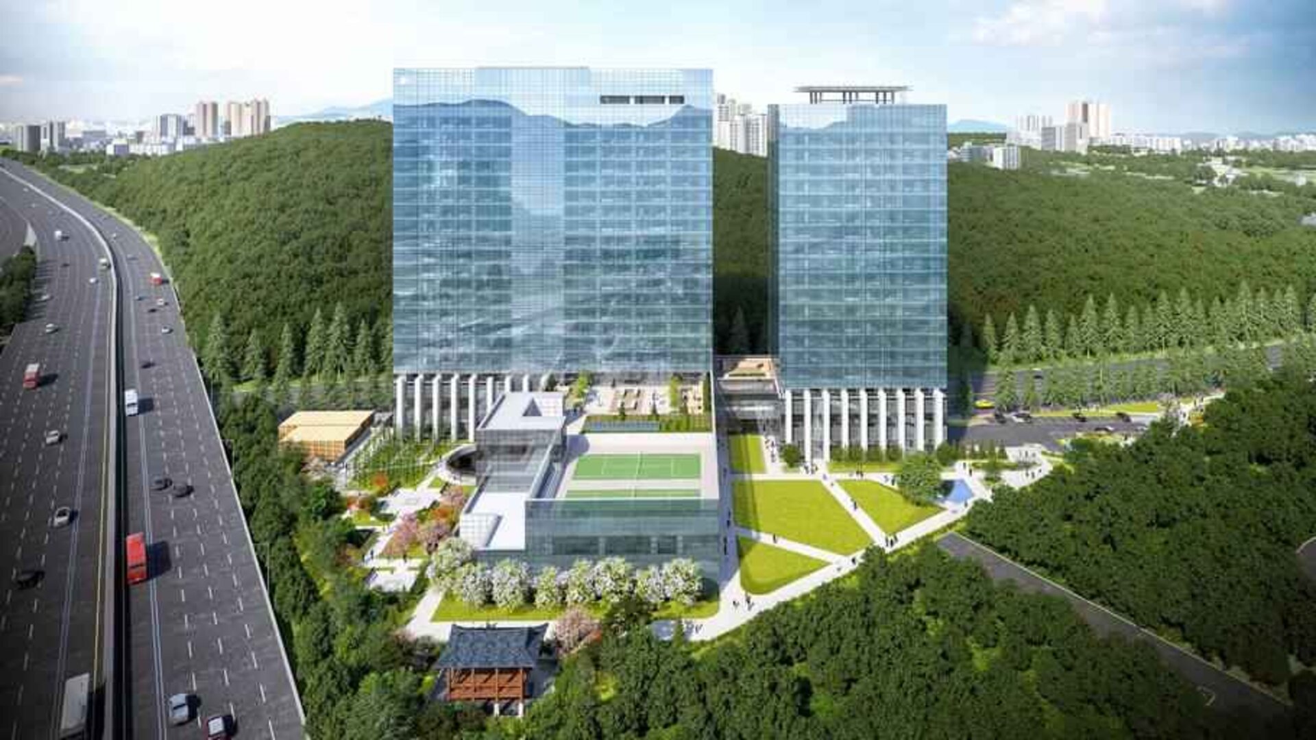 View of the hotel building at the DoubleTree by Hilton Seoul Pangyo.