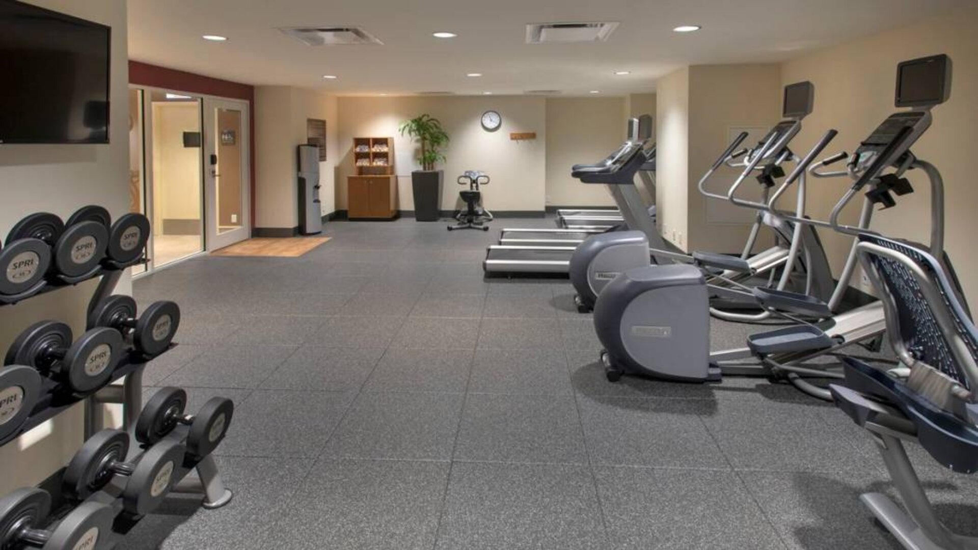 The hotel fitness center, with racks of weights and assorted exercise machinery.