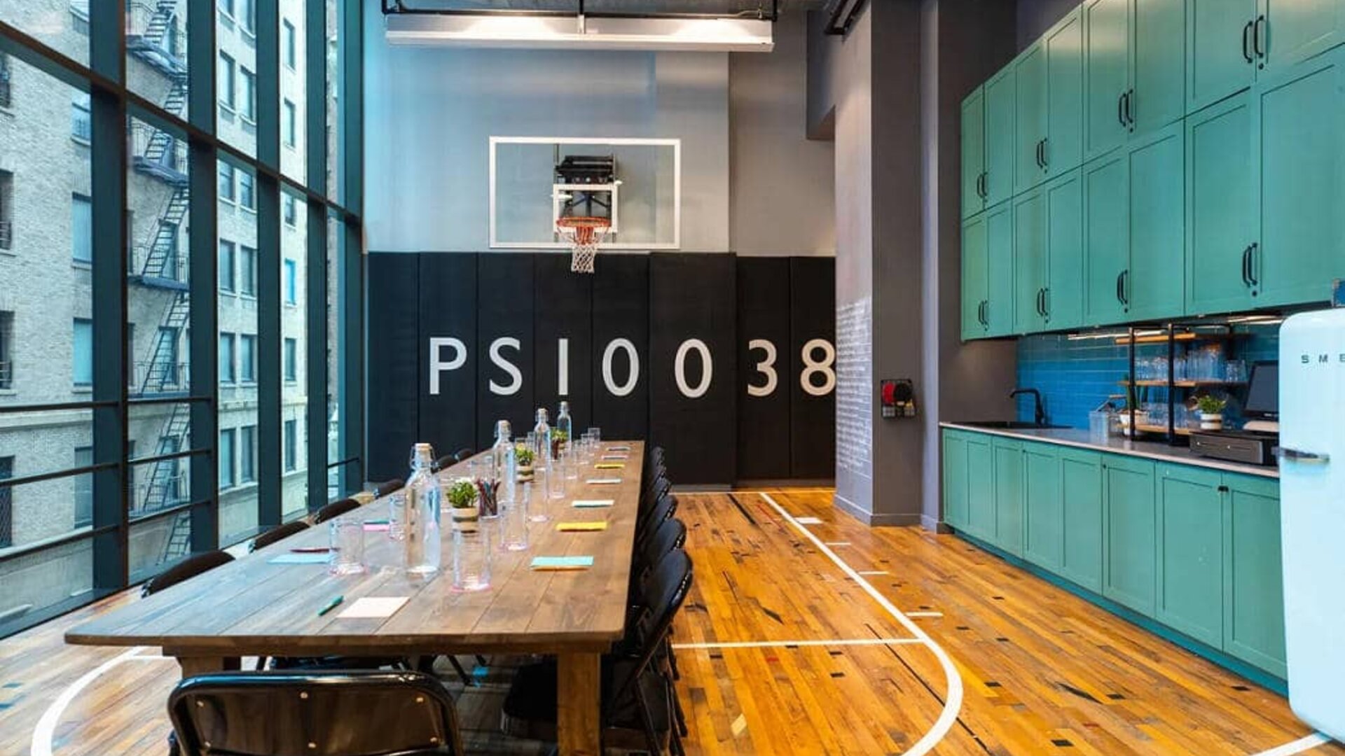 The Moxy NYC Downtown’s basketball court can double up as a meeting room for working guests.