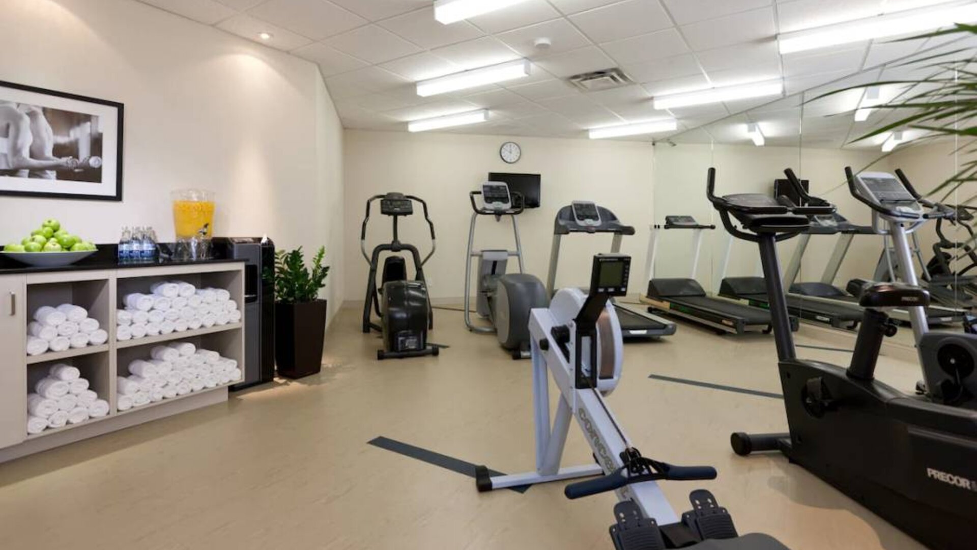 The hotel fitness center is equipped with a range of different exercise machinery.