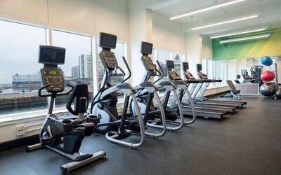 The hotel’s fitness center offers an assortment of exercise equipment.