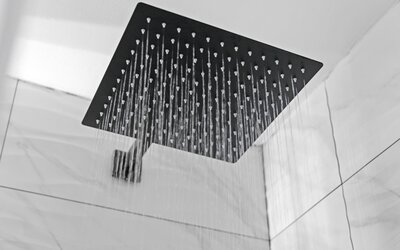 Guest bathroom with shower at Hotel Opus Bronx.