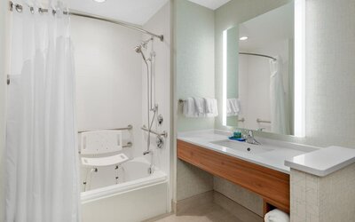 Private guest bathroom with shower at Holiday Inn Express & Suites Ontario.