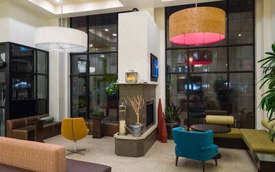 The hotel’s lounge, with numerous comfy chairs and sofas, plus small tables.