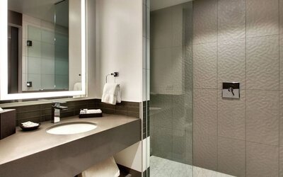 Private guest bathroom with shower at The Rose Hotel Chicago O’Hare, Tapestry Collection By Hilton.