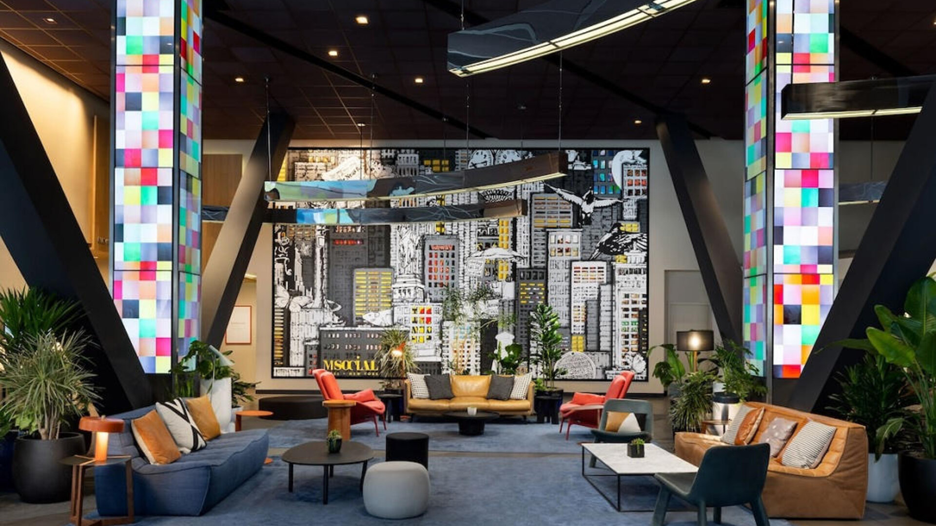 Lobby and coworking lounge at M Social Hotel Times Square.
