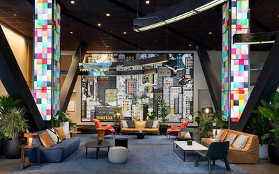 Lobby and coworking lounge at M Social Hotel Times Square.