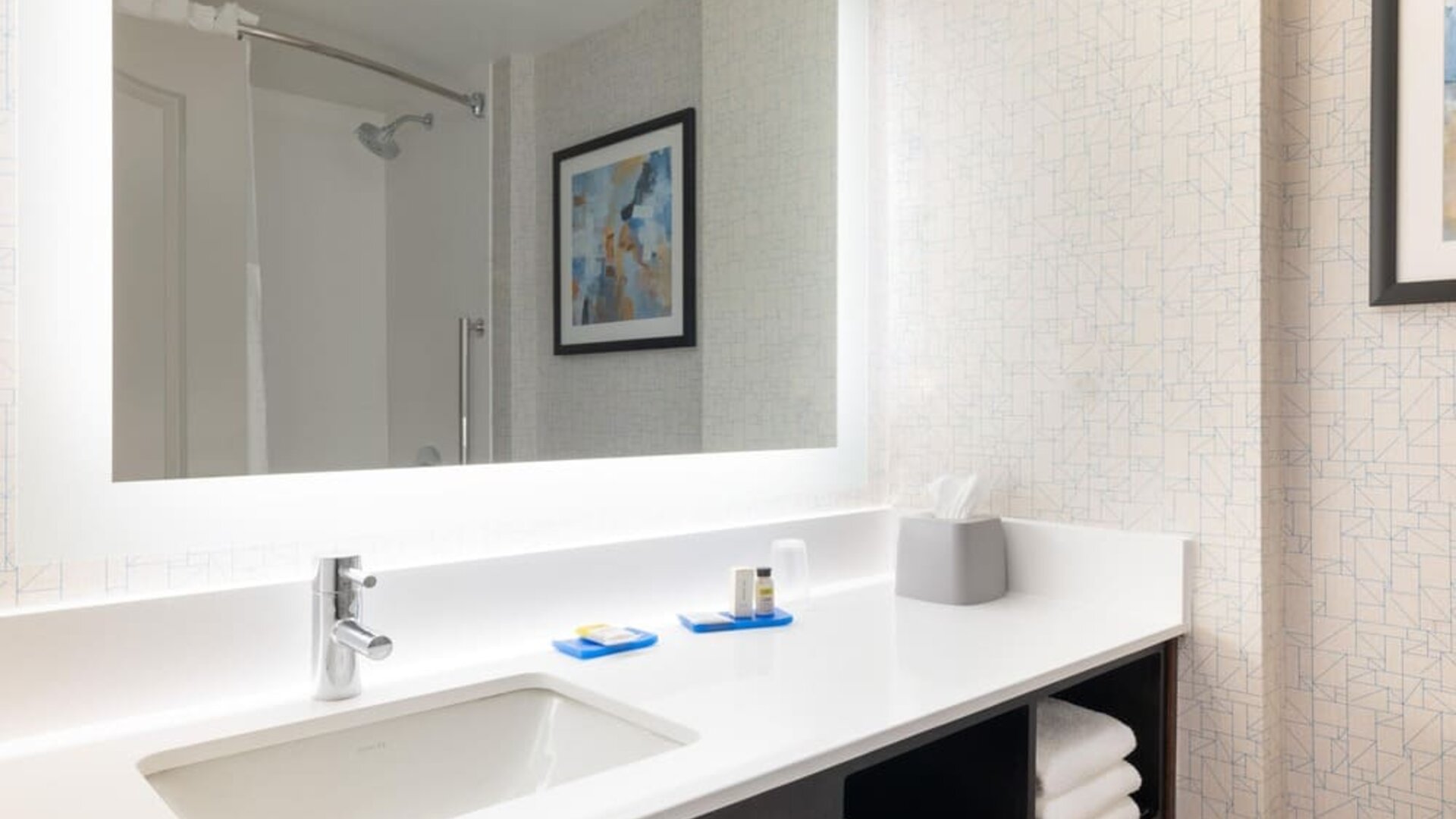 Guest bathroom with shower at Holiday Inn Express & Suites Boston-Cambridge.