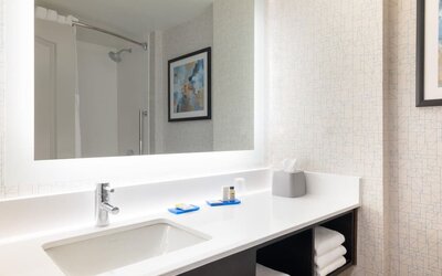 Guest bathroom with shower at Holiday Inn Express & Suites Boston-Cambridge.