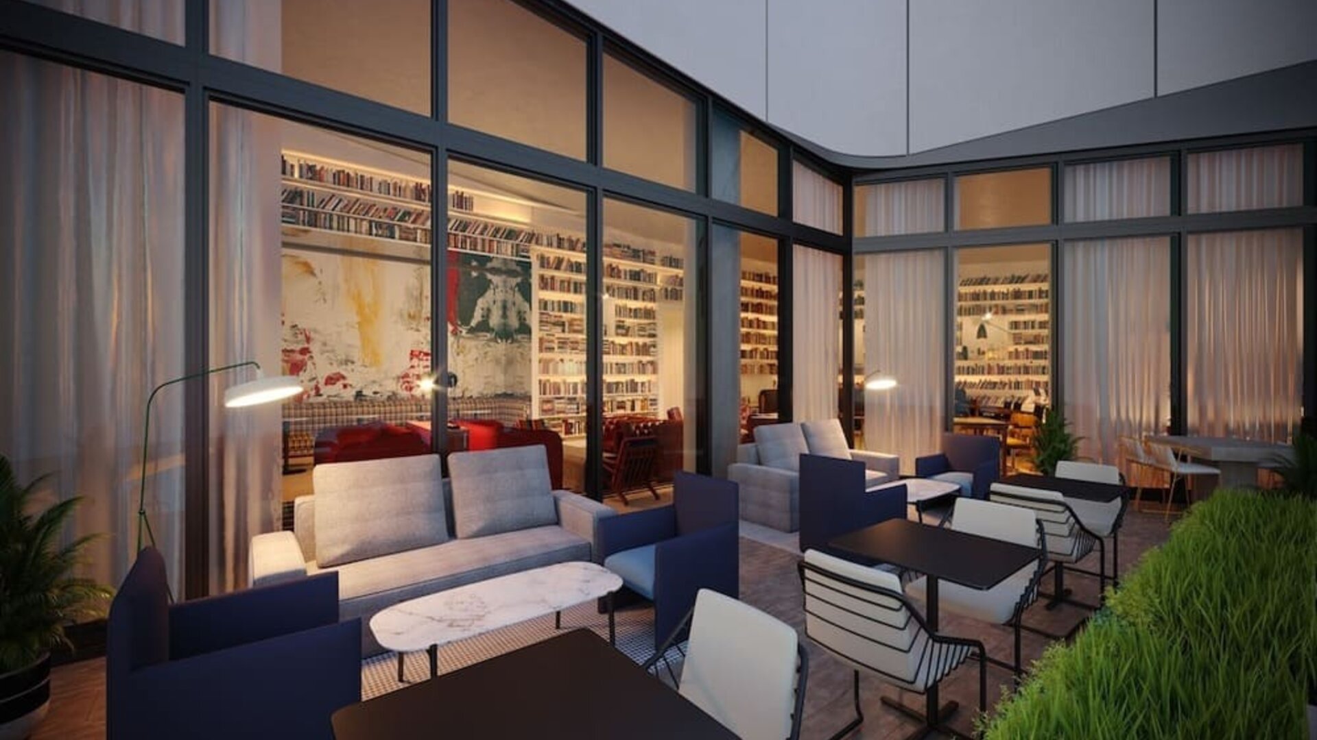 Outdoor lounge and coworking space at Graduate New York.