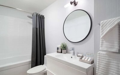 Guest bathroom with shower and bath at Hilton Garden Inn New York/Tribeca.