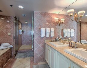 Guest bathroom with shower at Embassy Suites By Hilton Convention Center Las Vegas.