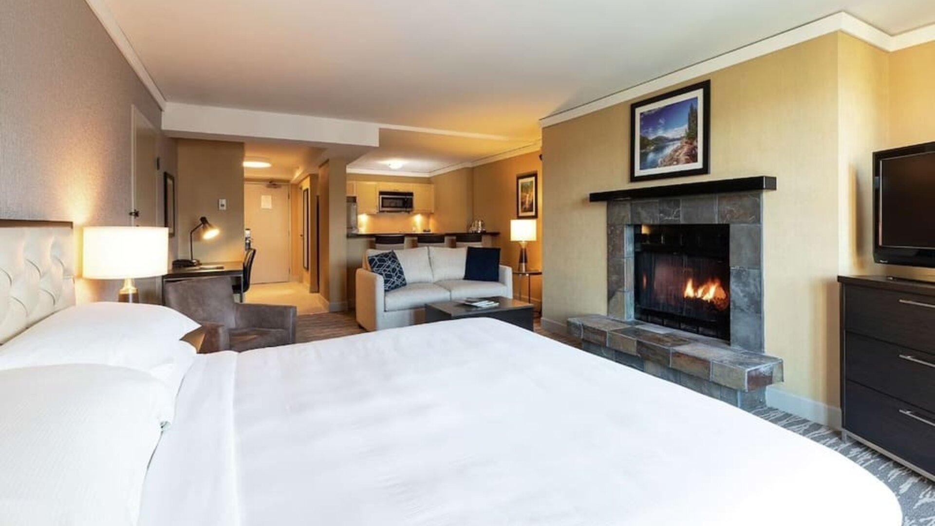 Delux king room with fire place at Hilton Whistler Resort & Spa.