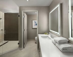 Guest bathroom with shower at Hilton Boston Logan Airport.