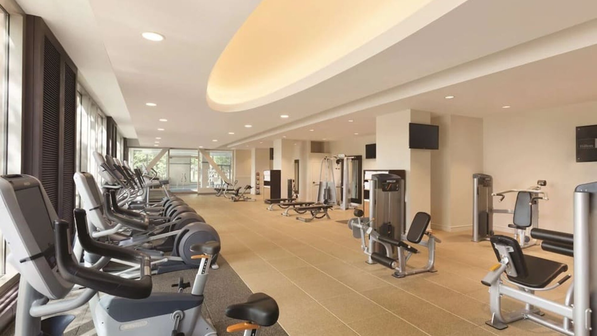 Equipped fitness center at Hilton Boston Logan Airport.