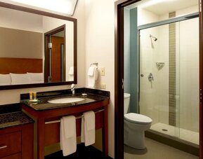 Guest bathroom with shower at Hyatt Place Chicago, Lombard / Oak Brook.