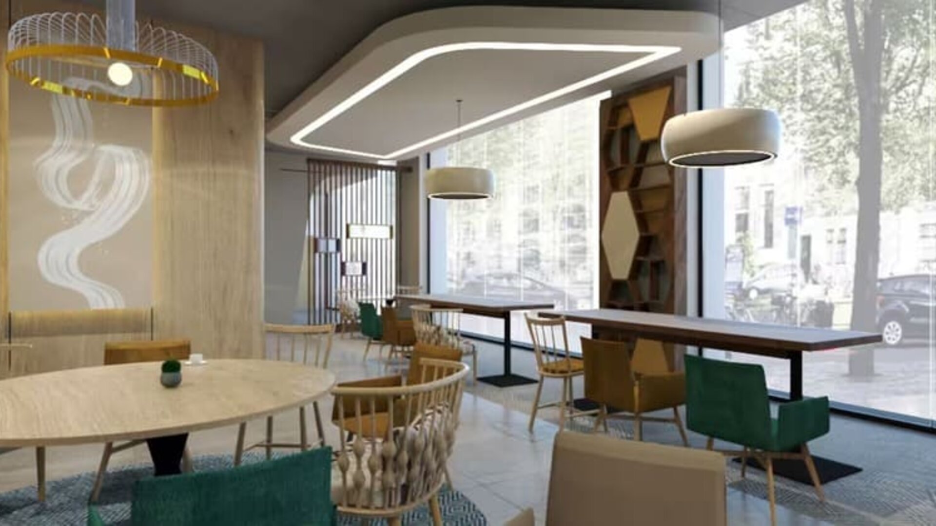 Dining and coworking space at Hampton By Hilton Szczecin East.