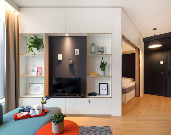 Day use amenities include TV and living area (with the exception of the bed) at Zoku Copenhagen.