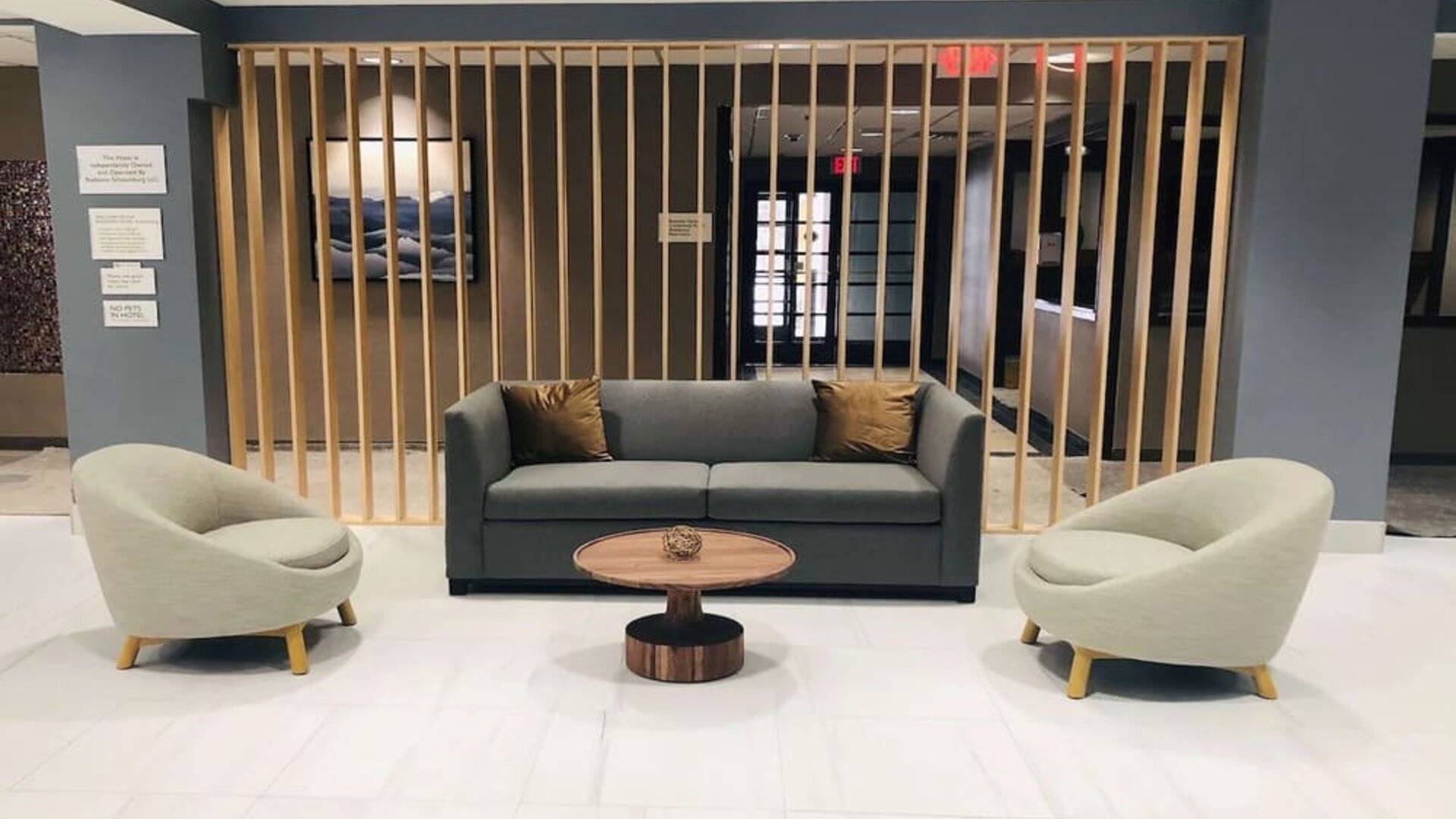 Lobby and coworking space at Radisson Hotel Schaumburg.