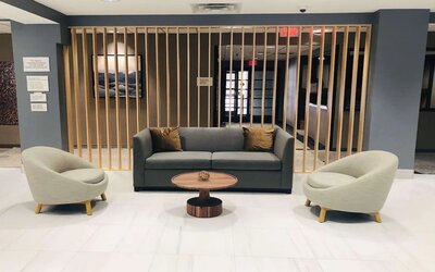 Lobby and coworking space at Radisson Hotel Schaumburg.