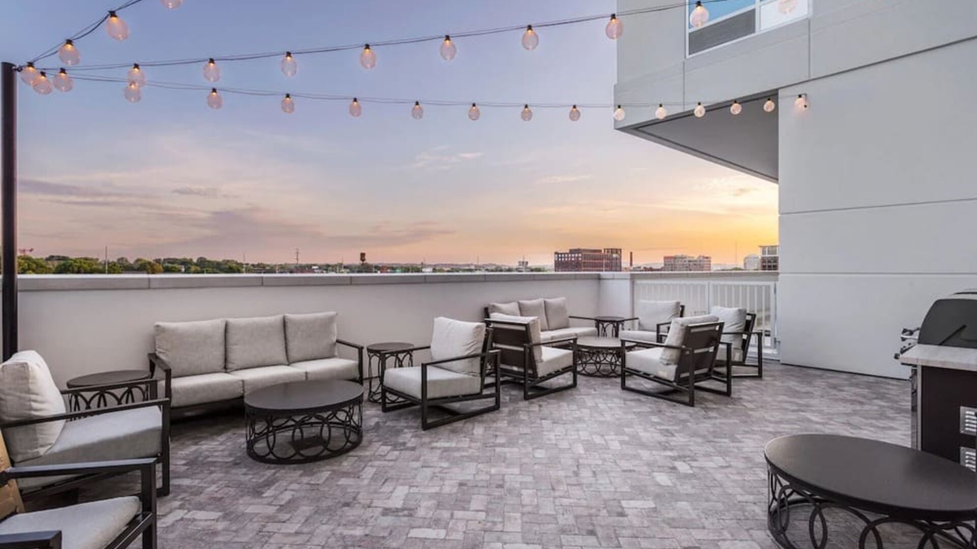 Seats in rooftop perfect for coworking at TownePlace Suites Nashville Midtown.