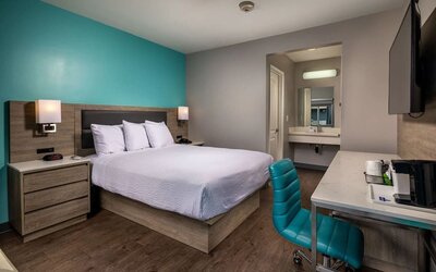 Day use room with work desk and private bathroom at Travelodge LAX By Wyndham.