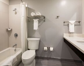 Private guest bathroom with combined shower and tub at Travelodge LAX By Wyndham.
