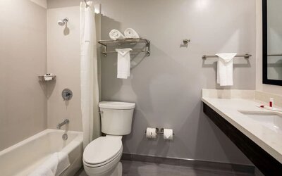 Private guest bathroom with combined shower and tub at Travelodge LAX By Wyndham.