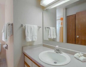 Guest bathroom with shower at Norwood Inn Statefare Grounds.