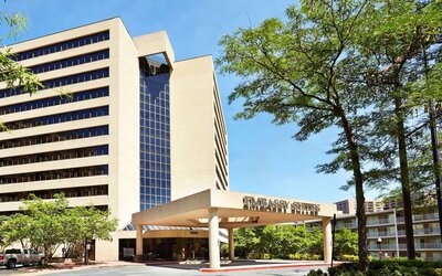 Hotel exterior at Embassy Suites By Hilton, Crystal City National Airport.
