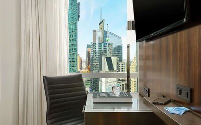 Day use room's workspace at Hilton Garden Inn New York/Times Square Central.