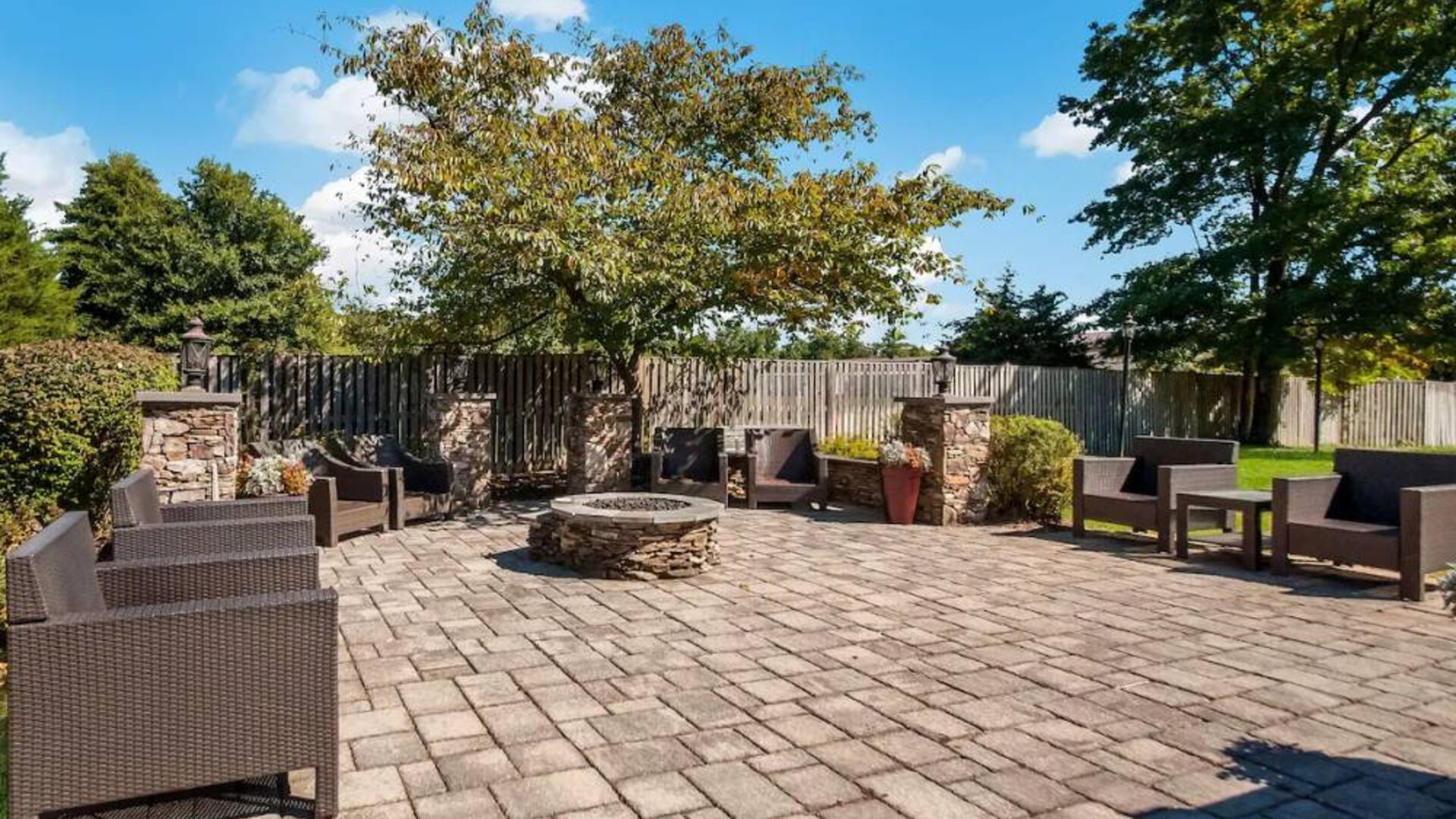 The hotel’s patio has armchairs, coffee tables, and nearby greenery.