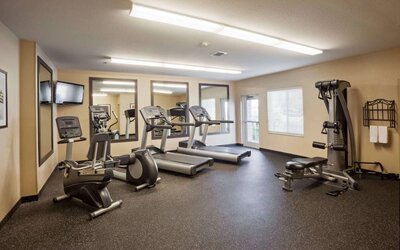 Sonesta Simply Suites Arlington’s fitness center is equipped with a widescreen TV and a range of exercise machinery.