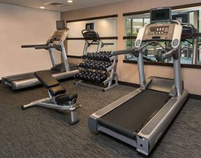 The hotel’s fitness center has racks of free weights, a bench, and treadmills for guests to use.