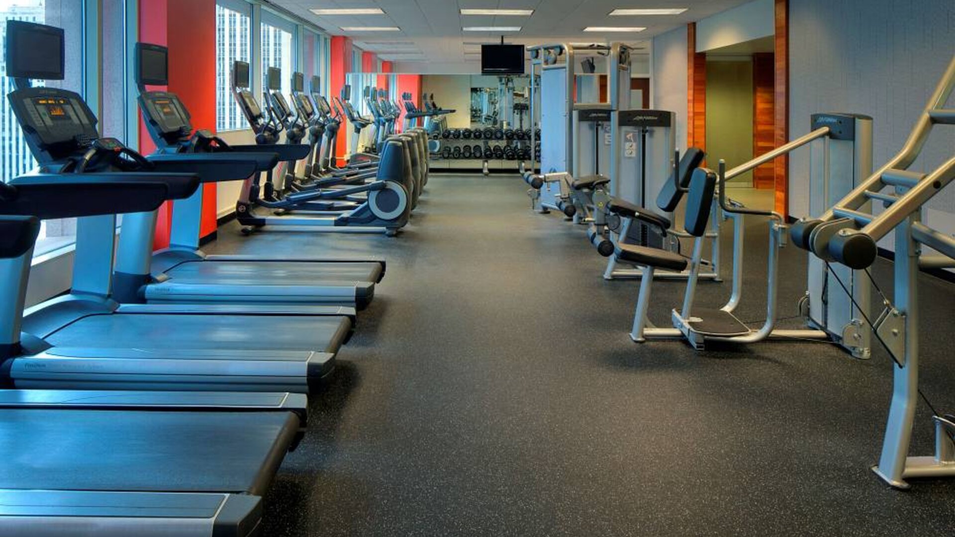 The hotel fitness center is equipped with an extensive array of exercise machines, free weights, and a widescreen television.