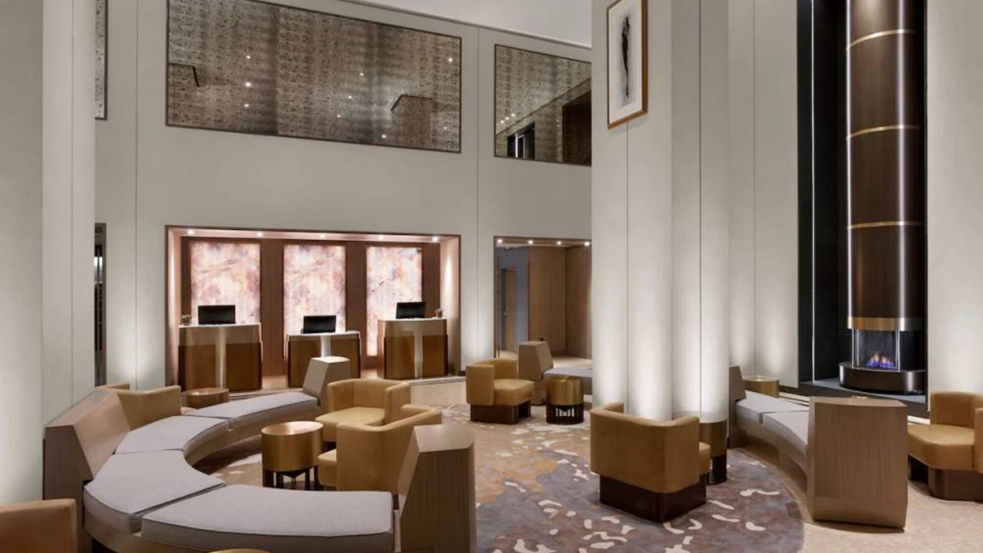 The hotel’s lobby lounge has extensive sofa and armchair seating, numerous coffee tables, and a fireplace.