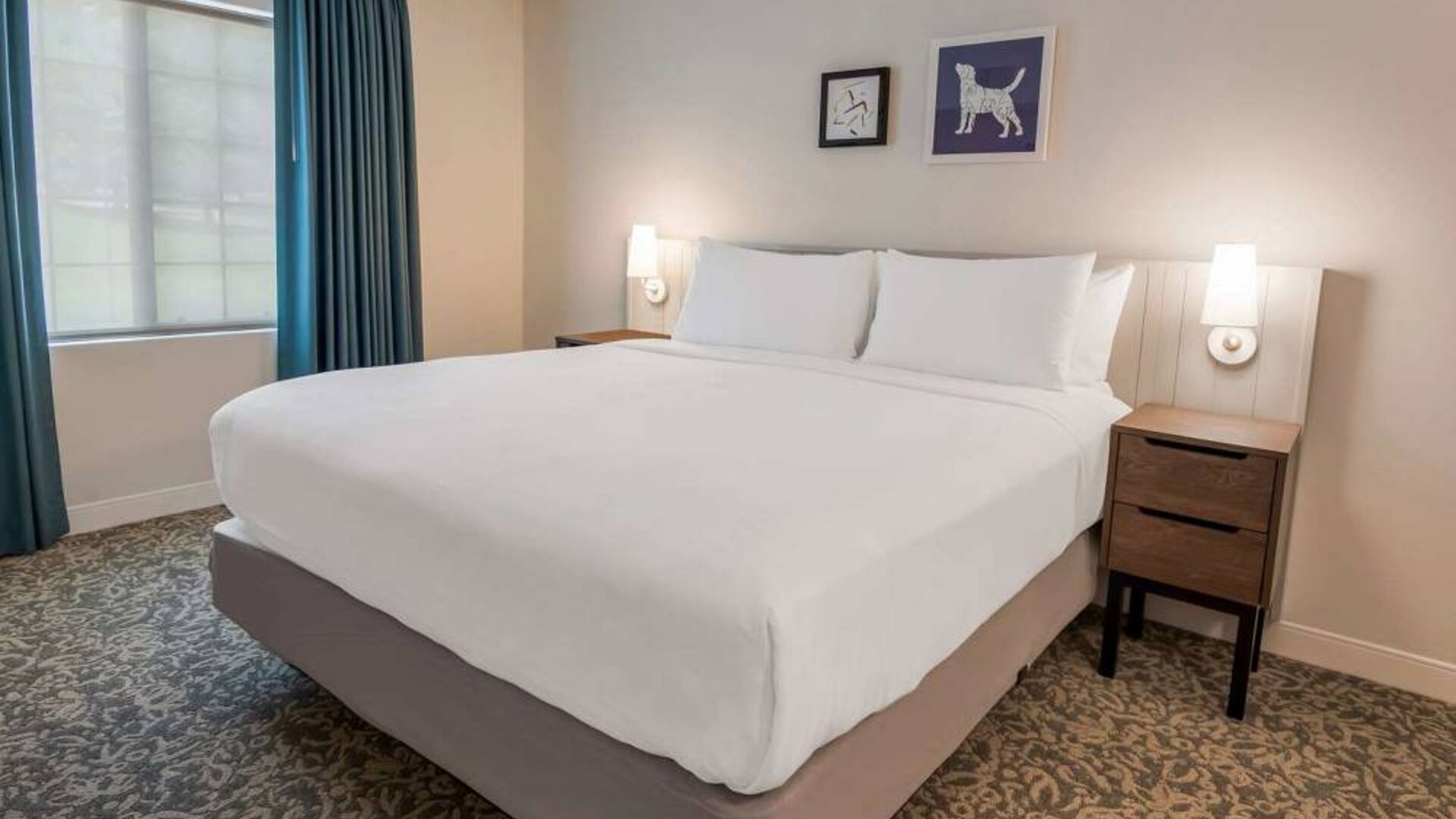 Double bed guest room in Sonesta ES Suites Andover Boston, with art on the wall, bedside lamps, and a window.