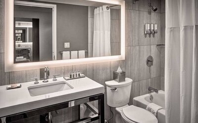 Guest bathroom in Sonesta Philadelphia Rittenhouse Square, equipped with sink and large mirror, lavatory, and bath with a shower.