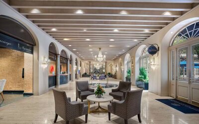 The hotel’s lobby lounge features armchairs, coffee tables, potted plants, and a spacious setting.