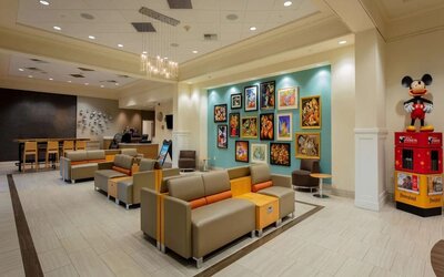 Lobby and coworking space at Sonesta Anaheim Resort Area.