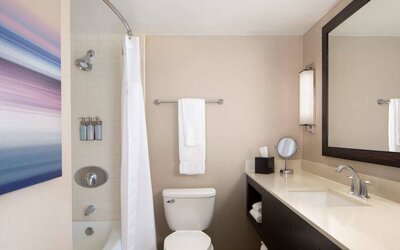 Guest bathroom in Sonesta San Jose, featuring bath with a shower, lavatory, and window and sink.